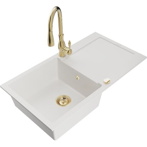 Mexen Leo lavello in granito con 1 vasca e sgocciolatoio e rubinetto da cucina Savita, bianco - 6501-20-672601-50