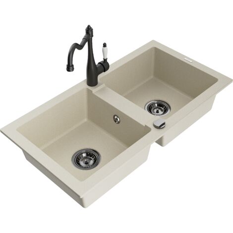 Mexen Mario 2-Becken-Granitspüle mit Mischbatterie Carla, Beige - 6504-69-670700-70