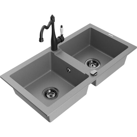 Mexen Mario 2-Becken-Granitspüle mit Mischbatterie Carla, Grau - 6504-71-670700-70-B