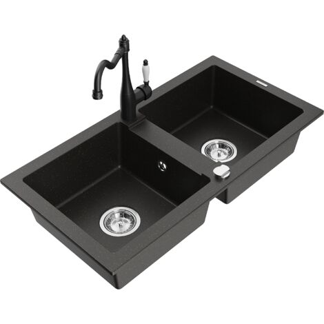 Mexen Mario 2-Becken-Granitspüle mit Mischbatterie Carla, Schwarz/Gold metallisch - 6504-75-670700-7