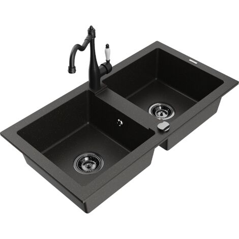 Mexen Mario 2-Becken-Granitspüle mit Mischbatterie Carla, Schwarz/Gold metallisch - 6504-75-670700-7