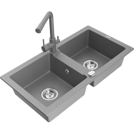Mexen Mario 2-Becken-Granitspüle mit Mischbatterie Duero, Grau - 6504-71-671600-71