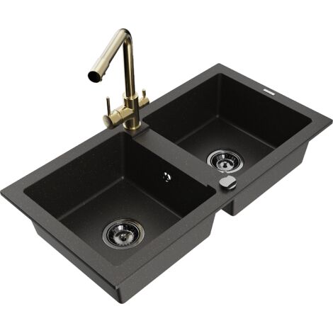 Mexen Mario 2-Becken-Granitspüle mit Mischbatterie Duero, Schwarz/Gold metallisch - 6504-75-671600-5