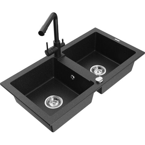 Mexen Mario 2-Becken-Granitspüle mit Mischbatterie Duero, Schwarz/Silbermetallic - 6504-73-671600-70