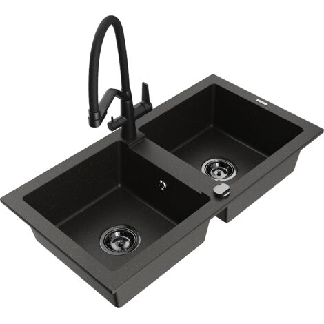 Mexen Mario 2-Becken-Granitspüle mit Mischbatterie Duo, Schwarz/Gold metallisch - 6504-75-671701-70-