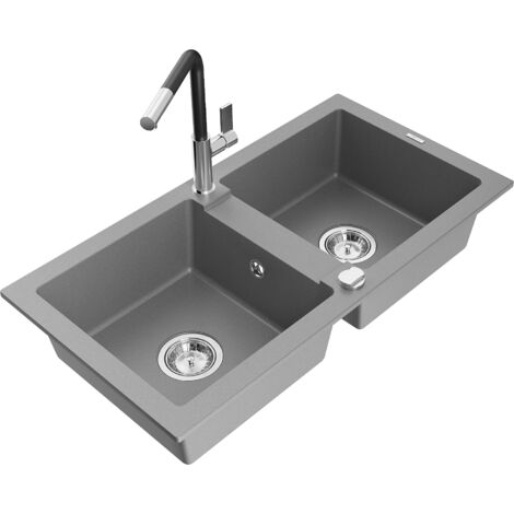Mexen Mario 2-Becken-Granitspüle mit Mischbatterie Flora, Grau - 6504-71-670401-07