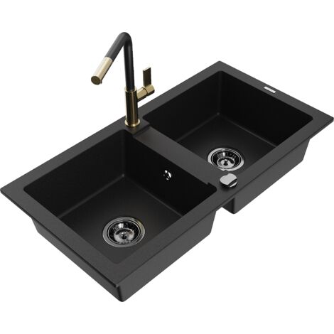 Mexen Mario 2-Becken-Granitspüle mit Mischbatterie Flora, Schwarz - 6504-77-670401-57-B