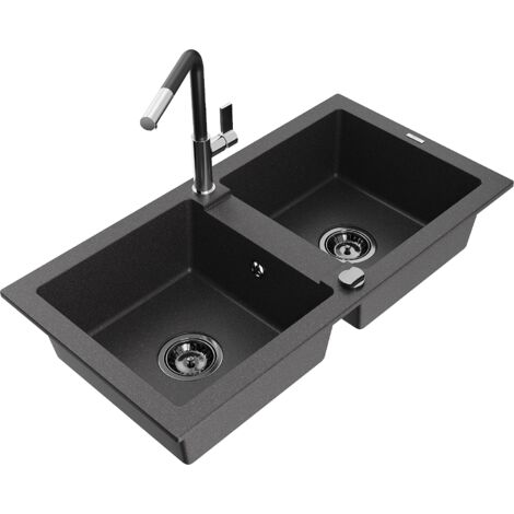 Mexen Mario 2-Becken-Granitspüle mit Mischbatterie Flora, Schwarz gesprenkelt - 6504-76-670401-07-B