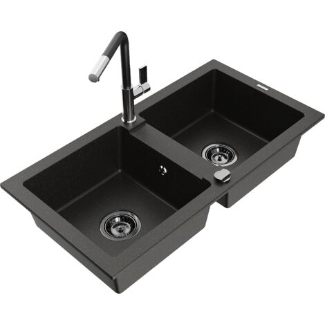 Mexen Mario 2-Becken-Granitspüle mit Mischbatterie Flora, Schwarz/Gold metallisch - 6504-75-670401-0