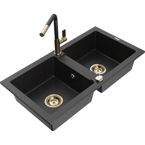 Mexen Mario 2-Becken-Granitspüle mit Mischbatterie Flora, Schwarz/Silbermetallic - 6504-73-670401-57