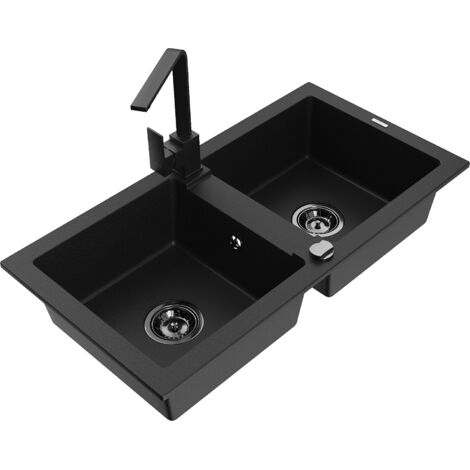 Mexen Mario 2-Becken-Granitspüle mit Mischbatterie Rita, Schwarz - 6504-77-670300-70-B