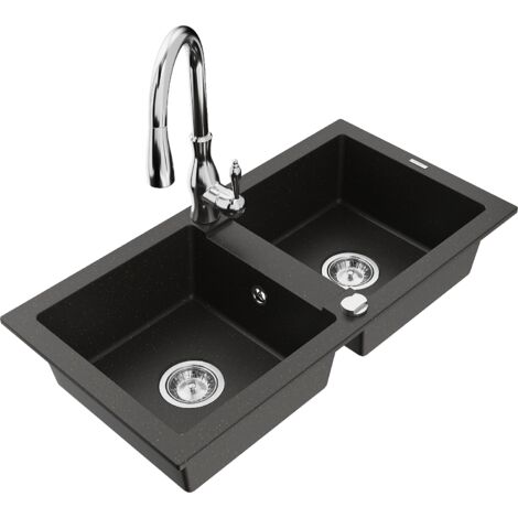 Mexen Mario 2-Becken-Granitspüle mit Mischbatterie Savita, Schwarz/Gold metallisch - 6504-75-672601-