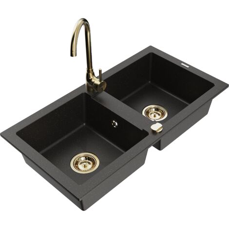 Mexen Mario 2-Becken-Granitspüle mit Mischbatterie Telma, Schwarz/Gold - 6504-75-670200-50