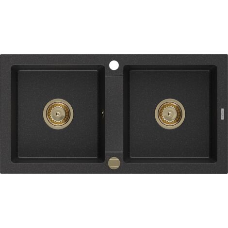 Mexen Mario évier en granit à 2 cuves 820 x 436 mm, Noir/ Argent métallique, siphon Or - 6504822000-73-G