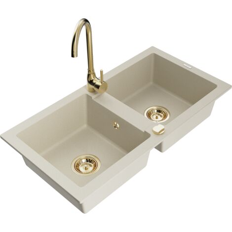 Mexen Mario évier en granit à 2 cuves avec robinet mélangeur Telma, Beige - 6504-69-670200-50