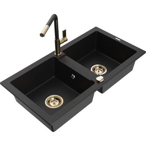Mexen Mario fregadero de granito 2 compartimentos con grifo de cocina Flora, negro - 6504-77-670401-57-G