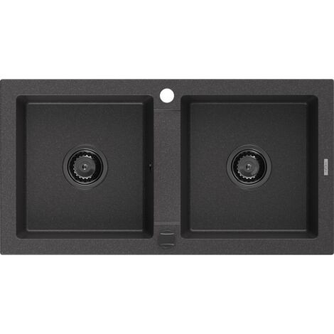 Mexen Mario fregadero de granito de 2 c谩maras 820 x 436 mm, negro moteado, sif贸n negro - 6504822000-76-B