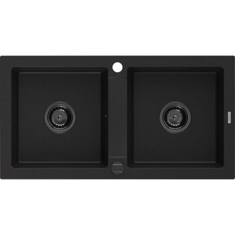 Mexen Mario fregadero de granito de 2 compartimentos 820 x 436 mm, negro, sif贸n negro - 6504822000-77-B