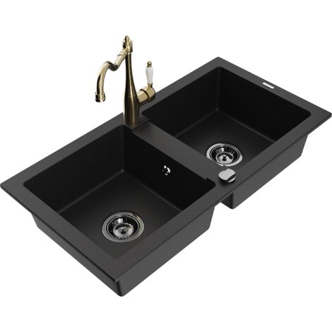Mexen Mario fregadero de granito de 2 compartimentos con grifo de cocina Carla, negro - 6504-77-670700-50-B