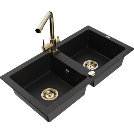 Mexen Mario fregadero de granito de 2 compartimentos con grifo de cocina Duero, negro - 6504-77-671600-50