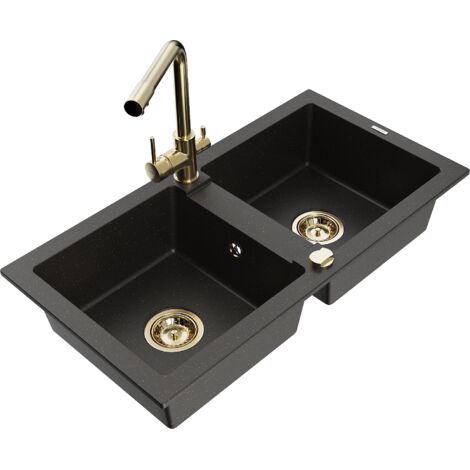 Mexen Mario fregadero de granito de 2 compartimentos con grifo de cocina Duero, negro/dorado met谩lico - 6504-75-671600-50