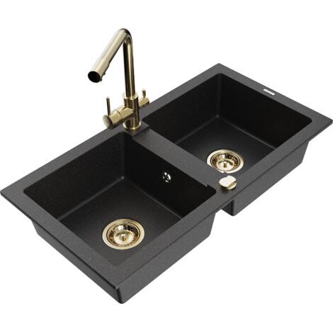 Mexen Mario fregadero de granito de 2 compartimentos con grifo de cocina Duero, negro/met谩lico plateado - 6504-73-671600-50