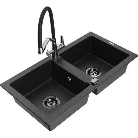 Mexen Mario fregadero de granito de 2 compartimentos con grifo de cocina Duo, negro/dorado met谩lico - 6504-75-671701-07-B
