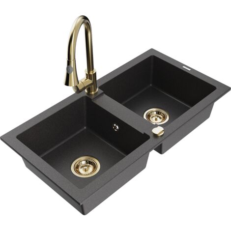 Mexen Mario fregadero de granito de 2 compartimentos con grifo de cocina Elia, negro moteado - 6504-76-670101-50