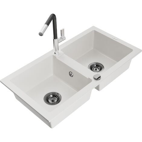 Mexen Mario fregadero de granito de 2 compartimentos con grifo de cocina Flora, blanco - 6504-20-670401-07-B