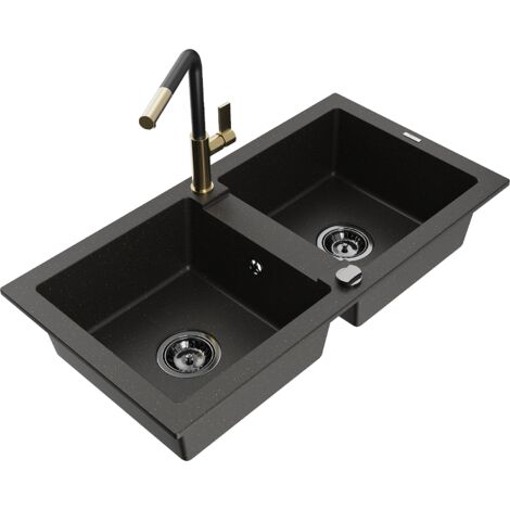 Mexen Mario fregadero de granito de 2 compartimentos con grifo de cocina Flora, negro/dorado met谩lico - 6504-75-670401-57-B
