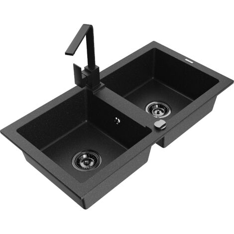 Mexen Mario fregadero de granito de 2 compartimentos con grifo de cocina Rita, negro/plata met谩lico - 6504-73-670300-70-B