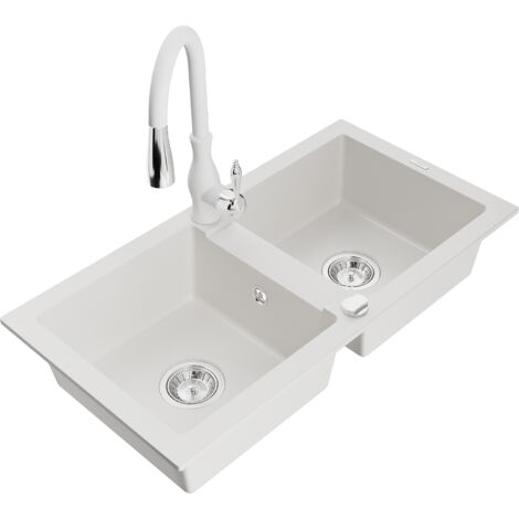 Mexen Mario fregadero de granito de 2 compartimentos con grifo de cocina Savita, blanco - 6504-20-672601-20