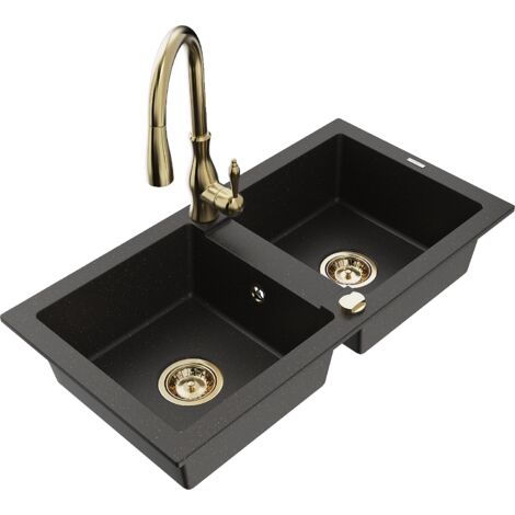 Mexen Mario fregadero de granito de 2 compartimentos con grifo de cocina Savita, negro/dorado met谩lico - 6504-75-672601-50