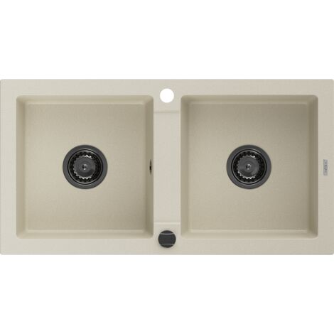 Mexen Mario fregadero de granito de 2 senos 820 x 436 mm, beige, sif贸n negro - 6504822000-69-B