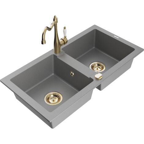 Mexen Mario fregadero de granito de 2 senos con grifo de cocina Carla, gris - 6504-71-670700-50