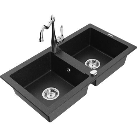 Mexen Mario fregadero de granito de 2 senos con grifo de cocina Carla, negro/met谩lico plateado - 6504-73-670700-00