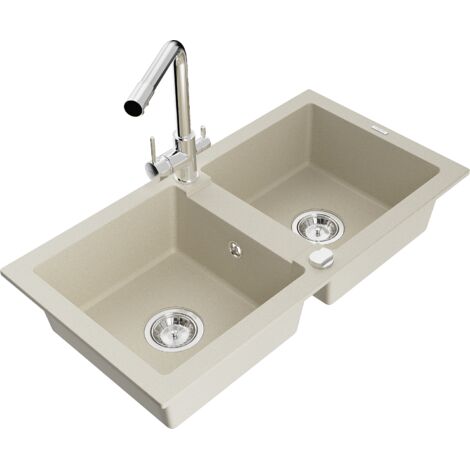 Mexen Mario fregadero de granito de 2 senos con grifo de cocina Duero, beige - 6504-69-671600-00