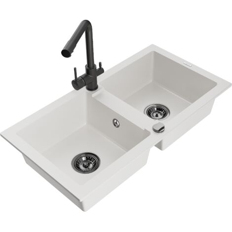 Mexen Mario fregadero de granito de 2 senos con grifo de cocina Duero, blanco - 6504-20-671600-70