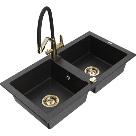 Mexen Mario fregadero de granito de 2 senos con grifo de cocina Duo, negro/plateado met谩lico - 6504-73-671701-57-G