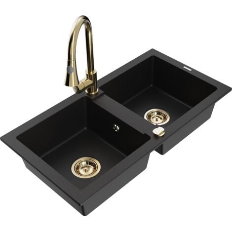Mexen Mario fregadero de granito de 2 senos con grifo de cocina Elia, negro - 6504-77-670101-50
