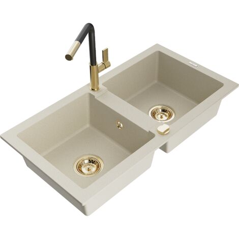 Mexen Mario fregadero de granito de 2 senos con grifo de cocina Flora, beige - 6504-69-670401-57-G