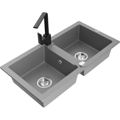 Mexen Mario fregadero de granito de 2 senos con grifo de cocina Rita, gris - 6504-71-670300-70