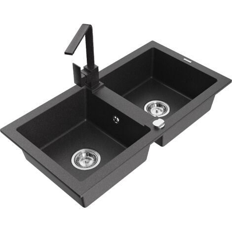 Mexen Mario fregadero de granito de 2 senos con grifo de cocina Rita, negro moteado - 6504-76-670300-76