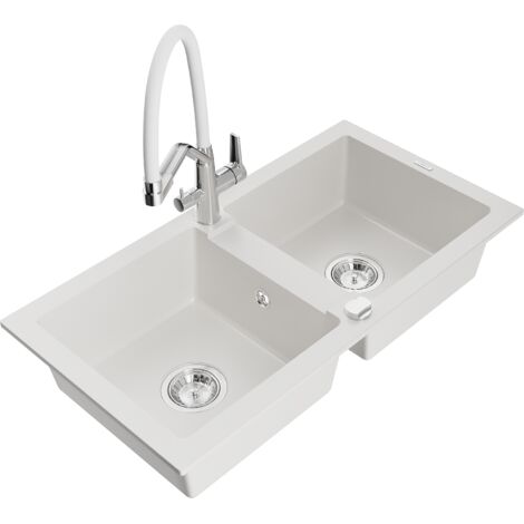 Mexen Mario lavello da cucina in granito a 2 vasche con miscelatore Duo, bianco - 6504-20-671701-02