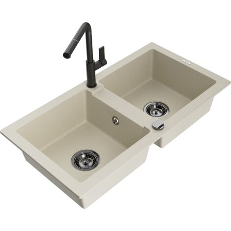Mexen Mario lavello da cucina in granito a 2 vasche con miscelatore Flora, beige - 6504-69-670401-70-B