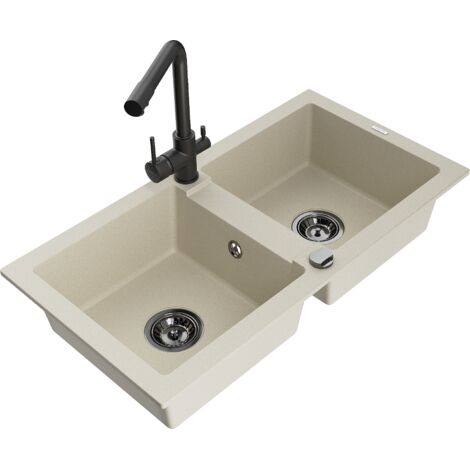 Mexen Mario lavello da cucina in granito a 2 vasche con rubinetto da cucina Duero, beige - 6504-69-671600-70