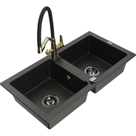Mexen Mario lavello da cucina in granito a 2 vasche con rubinetto Duo, nero/oro metallizzato - 6504-75-671701-57-B
