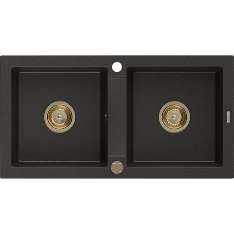 Mexen Mario lavello in granito a 2 vasche 820 x 436 mm, nero/oro metallico, sifone dorato - 6504822000-75-G