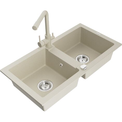 Mexen Mario lavello in granito a 2 vasche con miscelatore cucina Duero, beige - 6504-69-671600-69