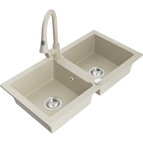 Mexen Mario lavello in granito a 2 vasche con miscelatore cucina Elia, beige - 6504-69-670101-69